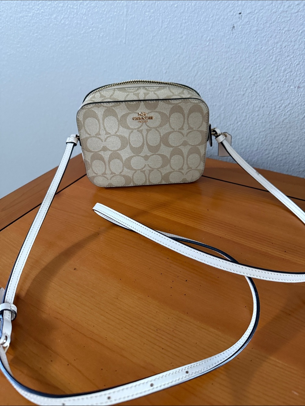 Coach Beige Signature Crossbody with White Strap